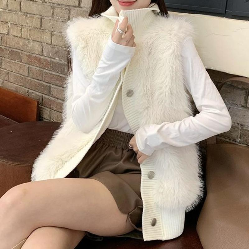 GMXIA Stand-up Mink Velvet Sleeveless Jumper Women's Coat Autumn and Winter Loose Temperament Elegant Knitted Cardigan