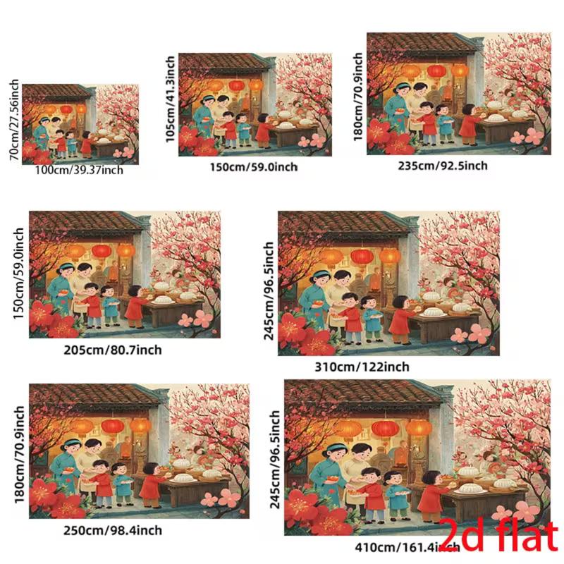 2D Traditional Tet Backdrop with Family Gathering, Peach Blossoms & Red Lanterns for Lunar New Year Events
