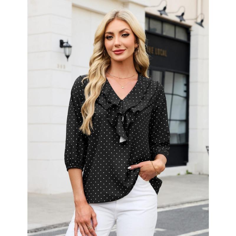 Womens Ruffled V Neck Three Quarter Sleeve Polka Dot Chiffon Blouse