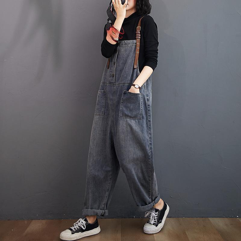 Salopette da donna primaverile e autunnale larga a gamba dritta sottile in denim lavato a nove punti