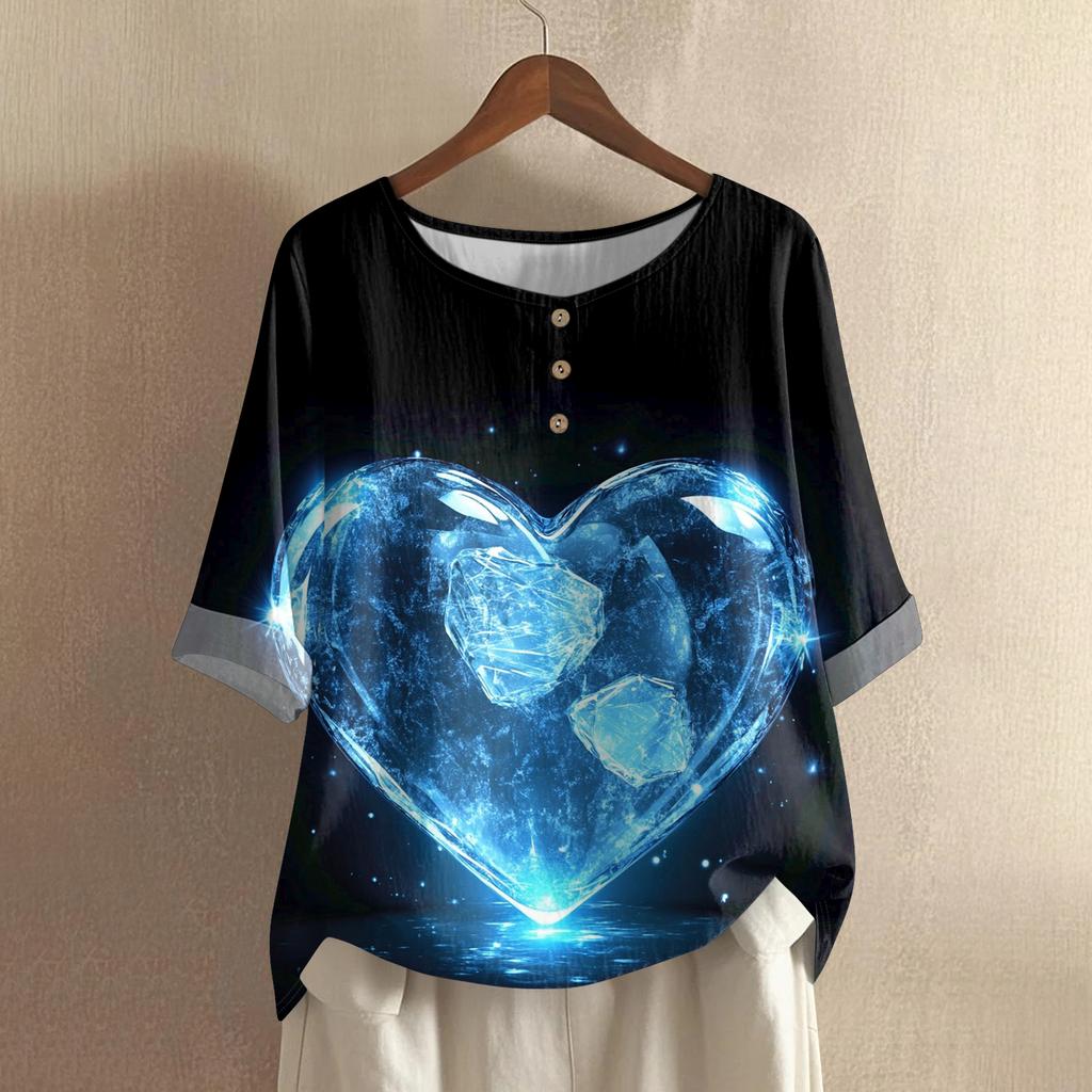 Damska koszulka z nadrukiem na Walentynki, casualowa, z krótkim rękawem, okrągłym dekoltem, z bawełny i lnu