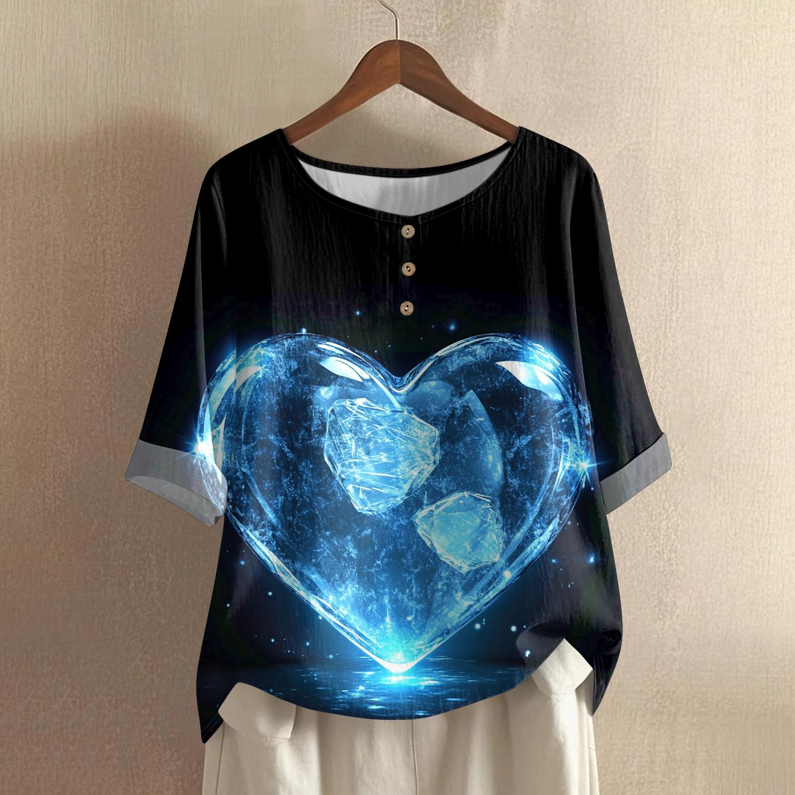 

Women s Valentine s Day Printed Casual Mid Sleeved Round Neck Cotton And Linen Top L