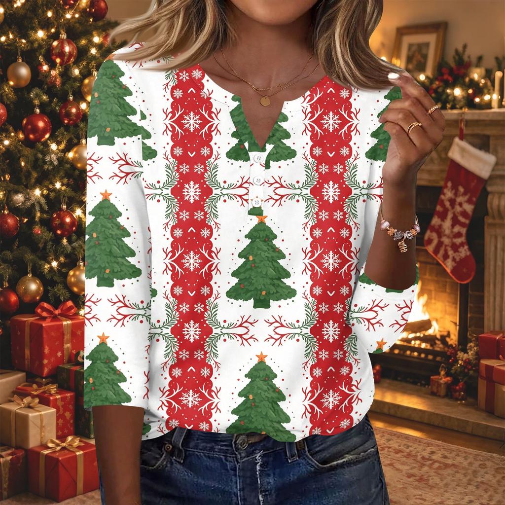 Women's Fashion Casual Christmas Print V-Neck Button 3/4 Sleeve T-Shirt Top for Holiday