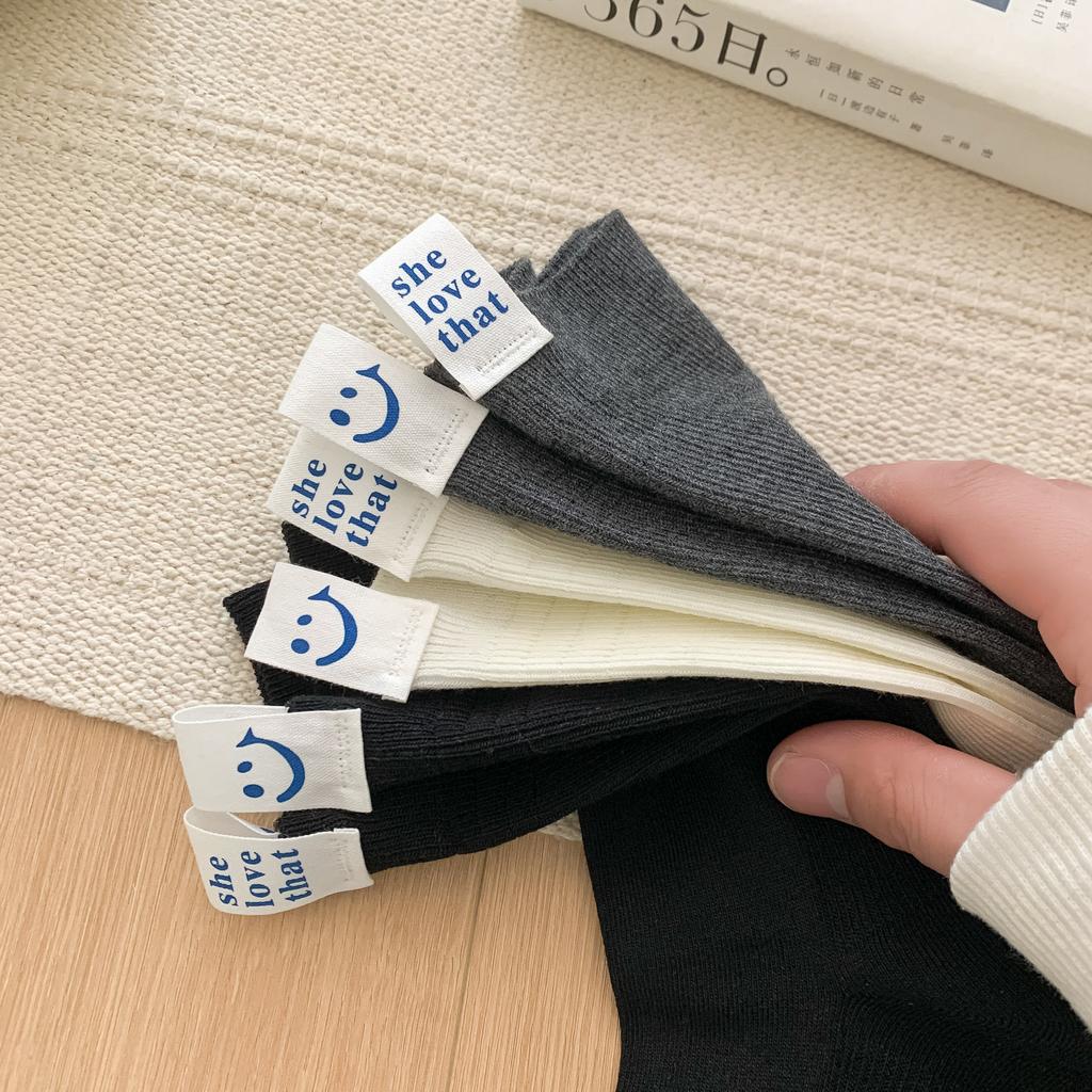 Heel Cloth Label Socks Women'S Tide Simple And Fashionable Smiley Face English Ab Socks Personalized Cotton Stacking Socks