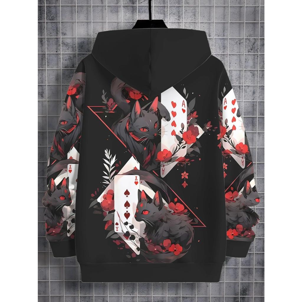 3D Digital Printed Dark Poker Red Rose Black Cat Pattern Hooded Sweatshirt, Fashionable and Trendy Children's Casual Clothing