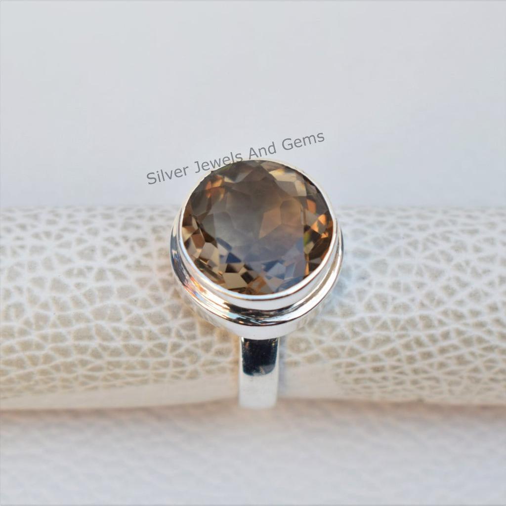 Handmade Round Smoky Quartz Ring: 925 Sterling Silver, Capricorn Birthstone