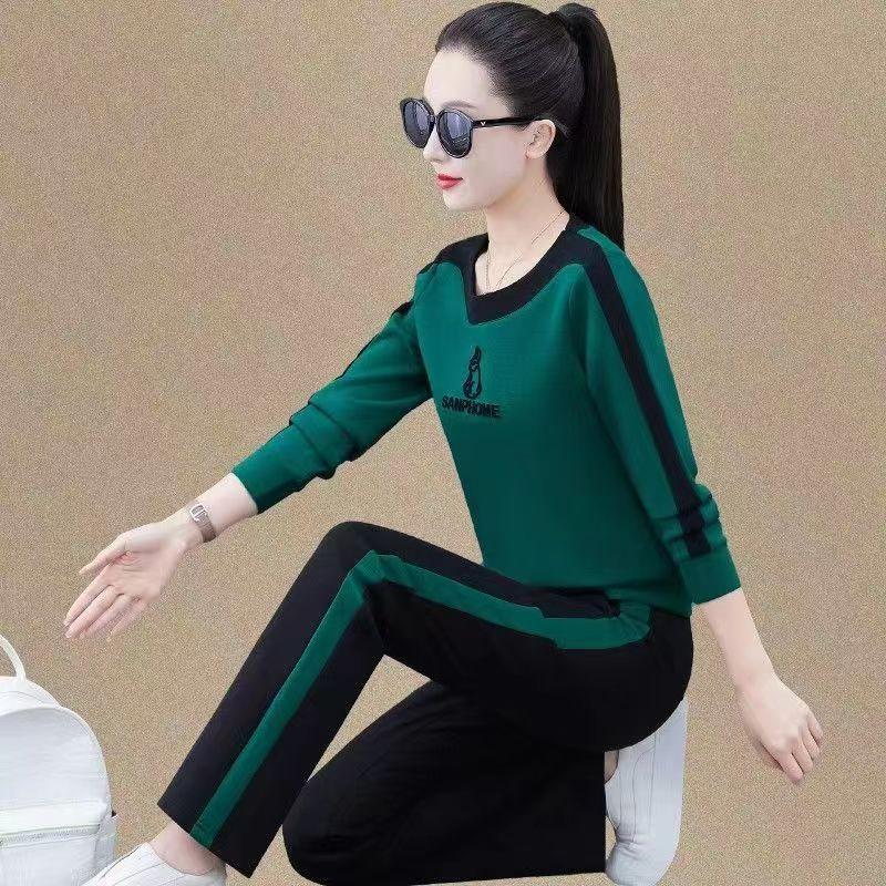 

Женский повседневный костюм-двойка 2025: Свитшот с круглым вырезом и длинными рукавами и свободные брюки для весны/осени, доступен большой размер. XL