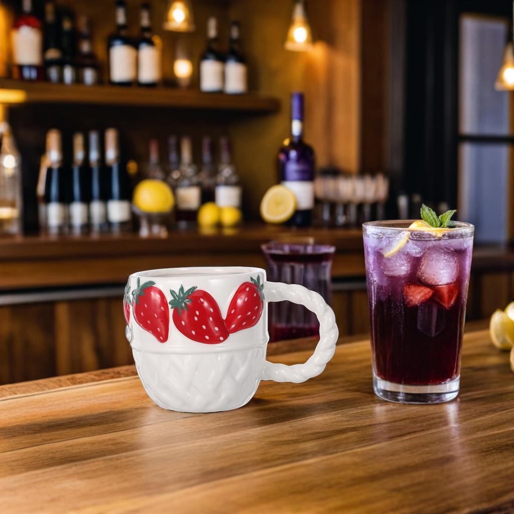 Cute Strawberry Themed Tumbler Unique Handpinched Irregular Shaped Ceramic Mug Fashion Aesthetic Coffee Tea Cup for Women Gift