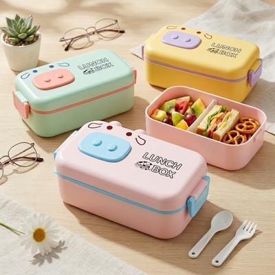 Animal Bento Box Plastic Lunch Box for Kids School Leakproof Microwavable Food Storage Containers with Compartments & Cutlery