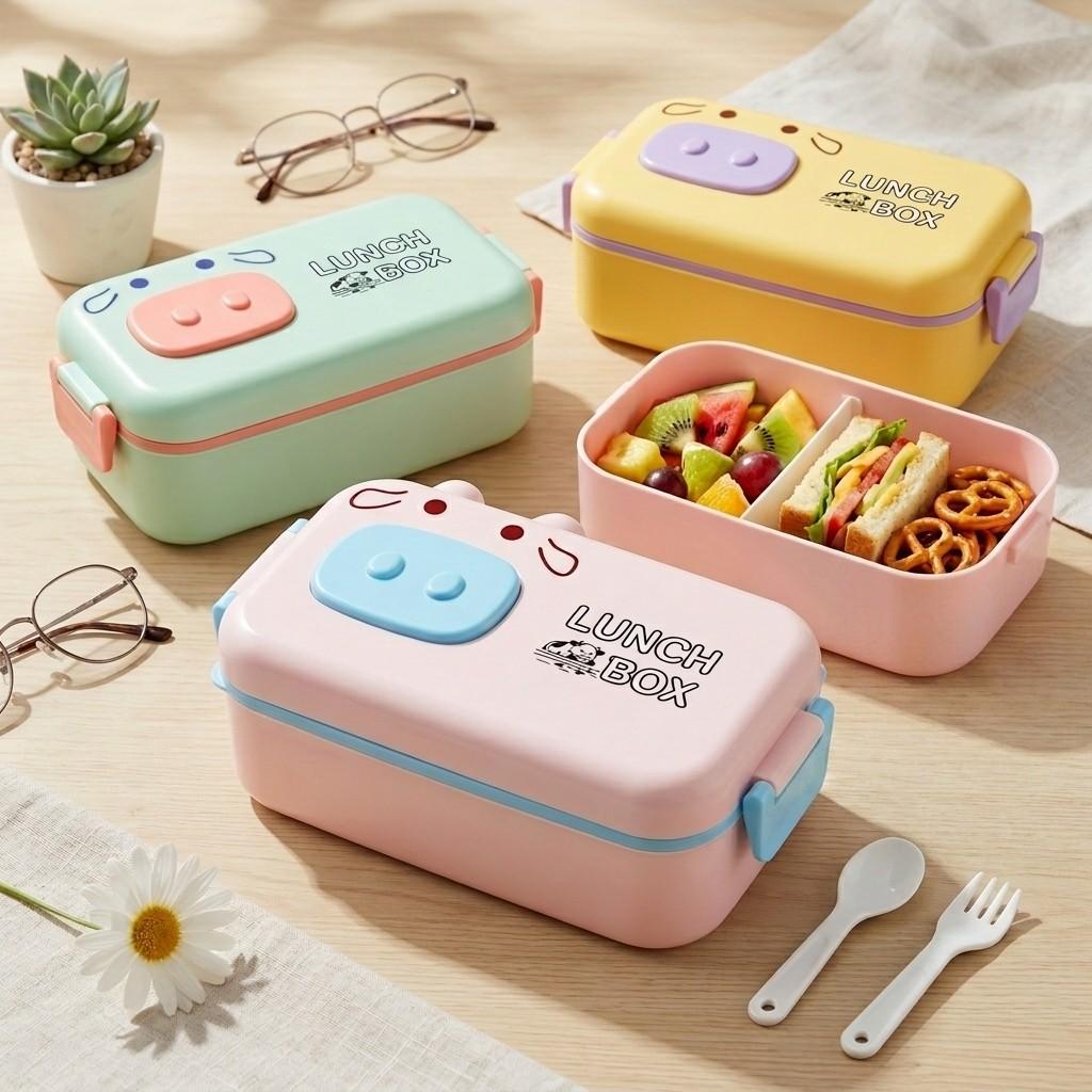 Animal Bento Box Plastic Lunch Box for Kids School Leakproof Microwavable Food Storage Containers with Compartments & Cutlery