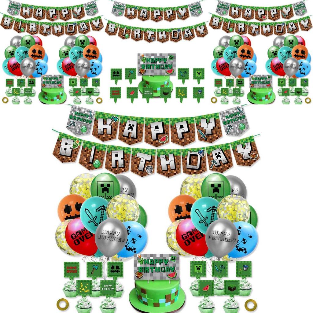 Minecraft Birthday Party Decorations Happy Birthday Set With Balloons And Banner