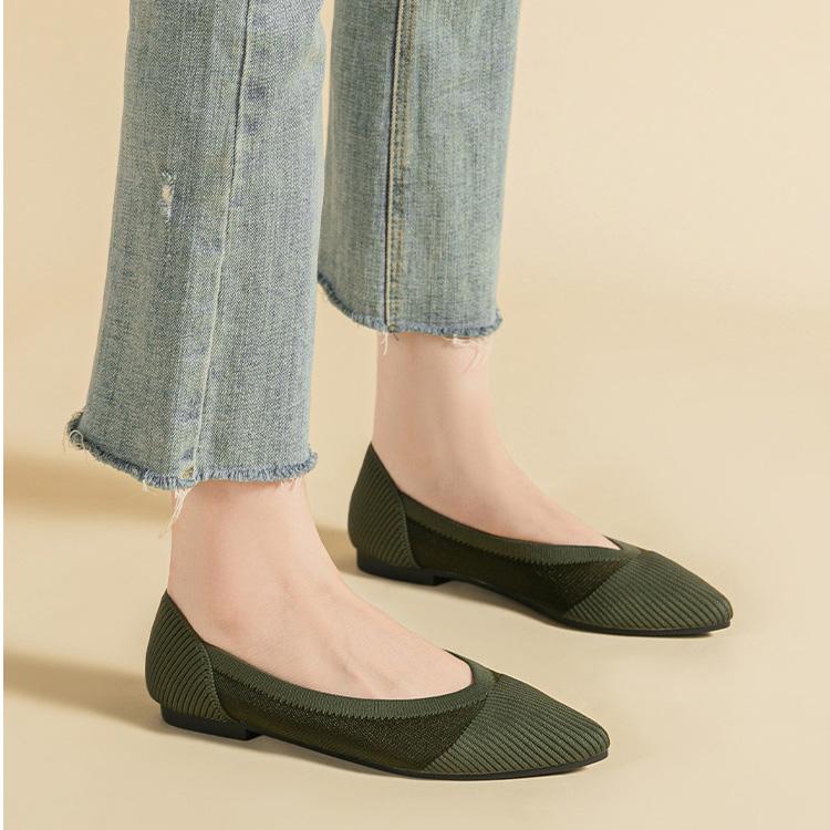 Pointed Toe Shallow Mouth Fabric Flat Bottom Women's Solid Knitted Soft Bottom Large Shoes Size 34-43