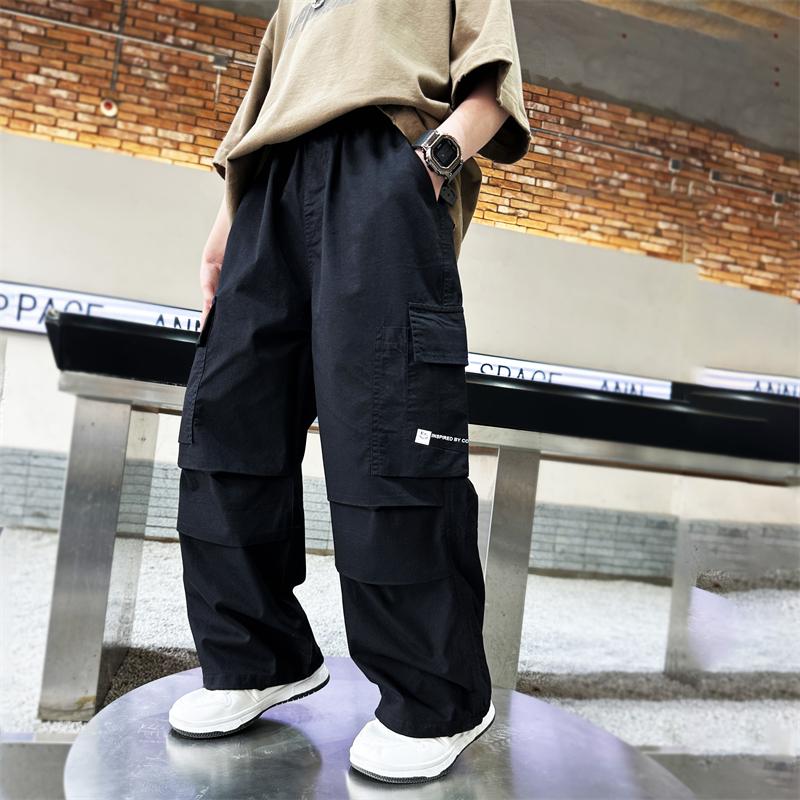 

Детские свободные повседневные брюки для мальчиков, летние однотонные брюки-карго с карманами, детская одежда, дышащие прямые широкие брюки Fanshion 6-15 лет 160 чёрный