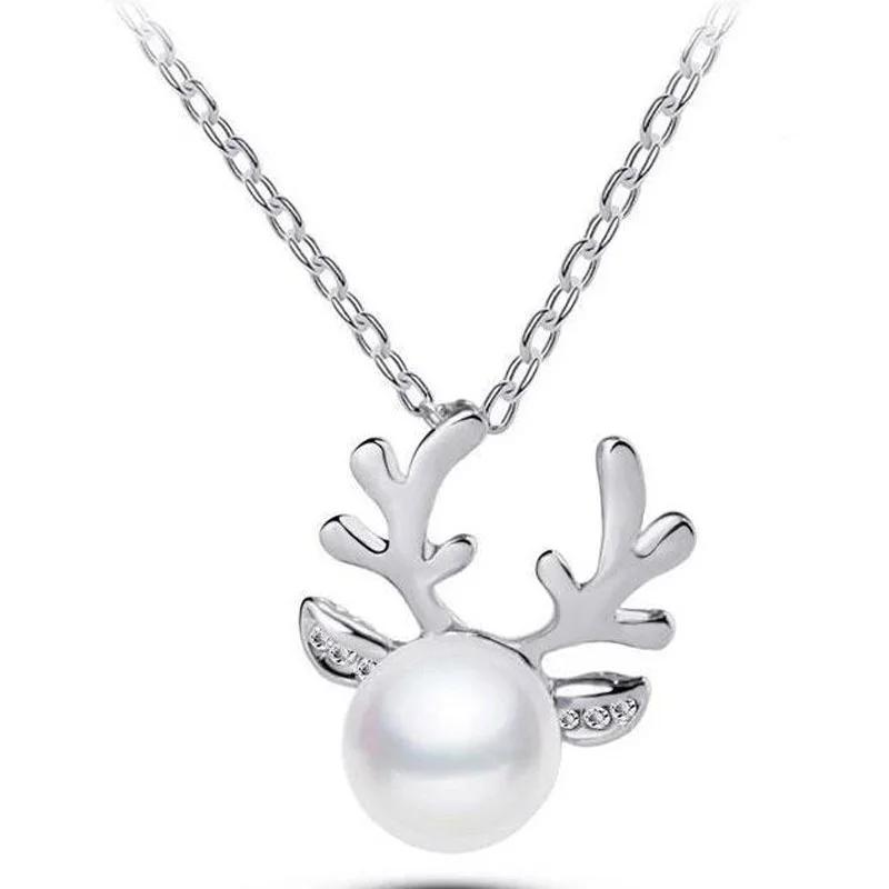 

1 Pcs NEW Deer Stag Christmas Present Necklace Decoration Cute Reindeer Antlers Pearl Chain Pendant Accessories For Women серебряный