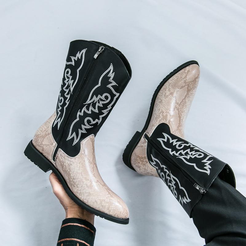 Men’s Pointed Toe Embroidered Western Cowboy Boots Casual Retro Dress Leather Men’s  Mid-calf Boots Plus Size