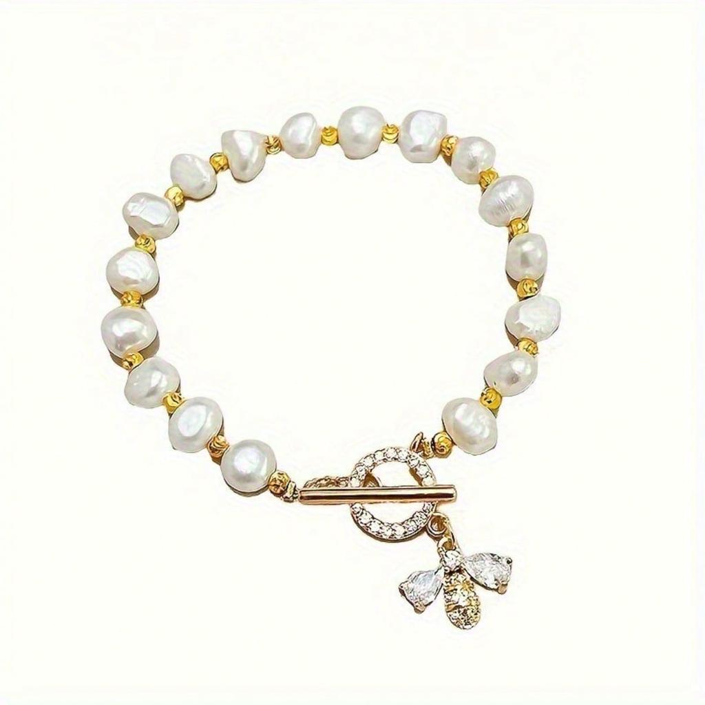 1pc Imitation Pearl Bracelet, Ladies' Fashionable and Simple Little Bee Pendant Bracelet