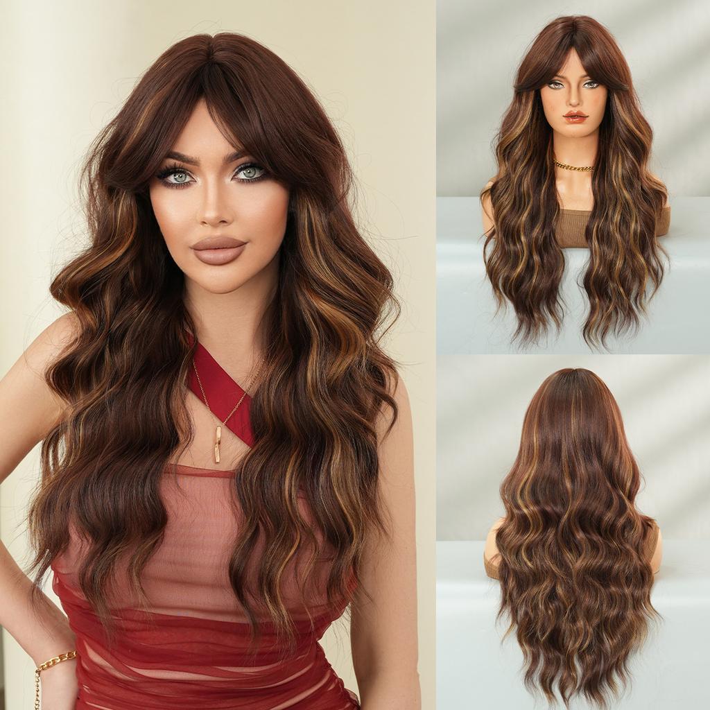 Bronze Gold European American Wig Women Fashionable Long Curly Hair With Eight Character Bangs Big Waves Synthetic Full Head Set Wavy
