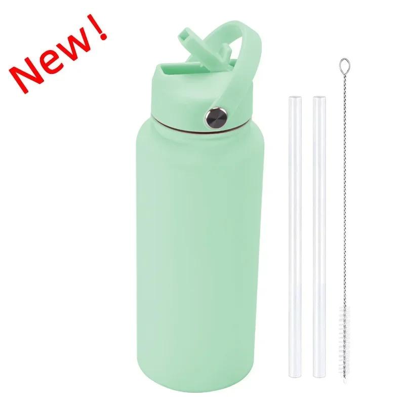 1L Sports WATER BOTTLE With Handle And Straw Stainless Steel Large Capacity Vacuum Flasks Drinkware Large Mouth GymThermos CUP