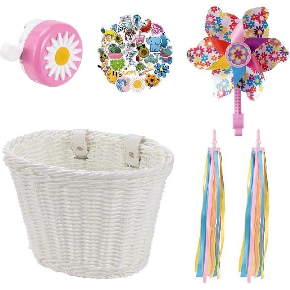 Kids Bike Basket, Bike Basket Front Bike Accessories for Girl Boys, Woven Bicycle Basket with Stickers, Bike Bell, Windmill, and 1pairs Colorful