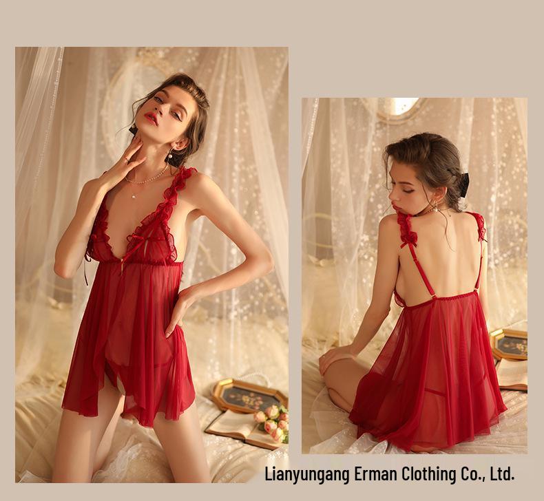 

Прозрачная кружевная ночная сорочка-майка с застежкой спереди One Size (80-120) красный