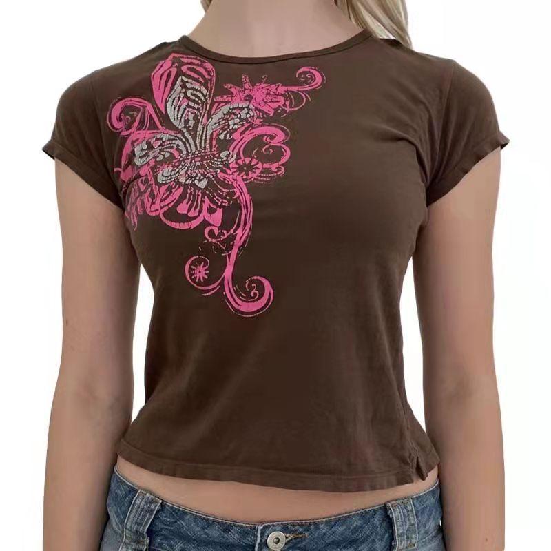 

Женские футболки с графическим принтом Y2k, укороченная уличная одежда с длинными короткими рукавами и круглым вырезом для девочек, облегающая уличная одежда S