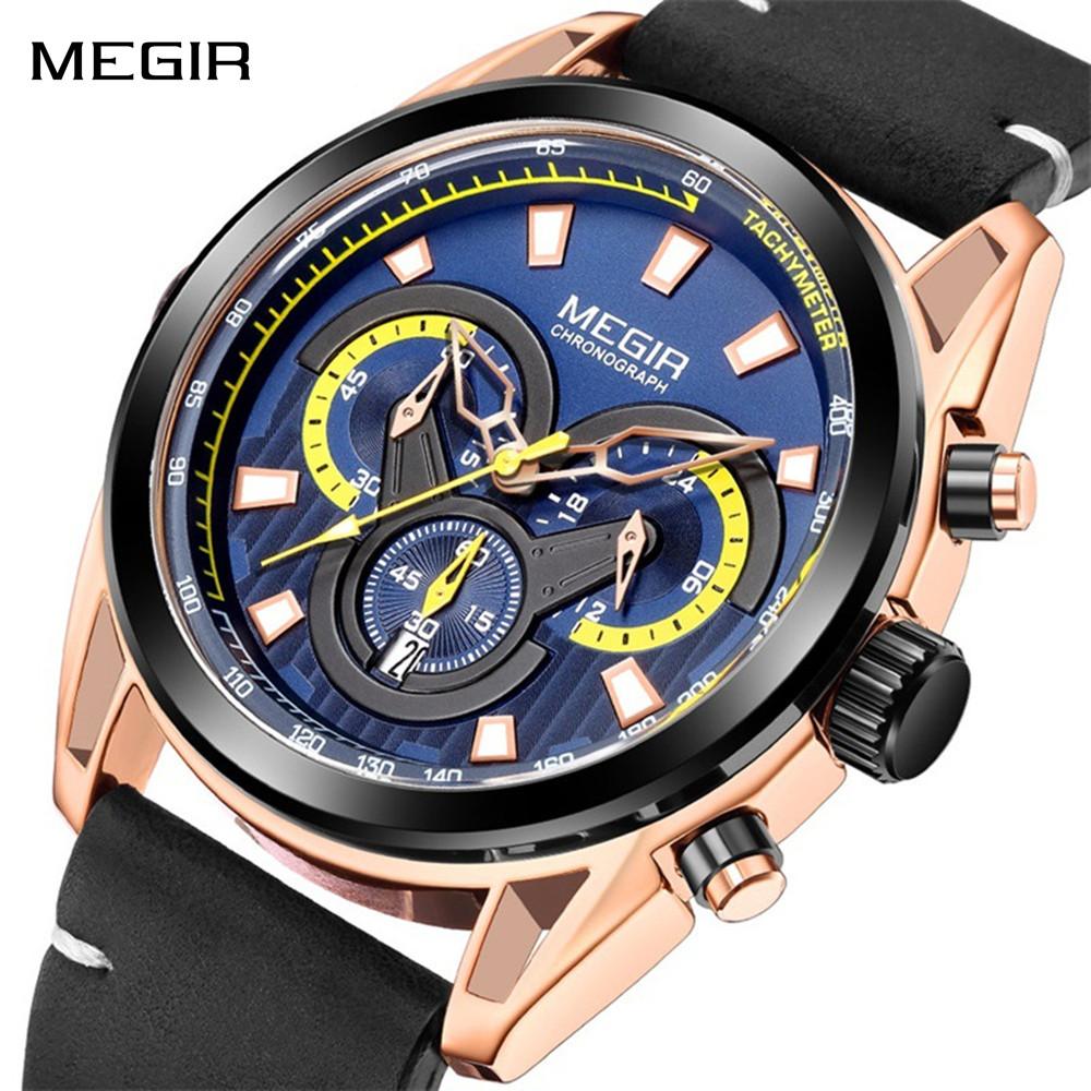Megir Rose Black Luxury Chronograph Men Watches with Leather Strap