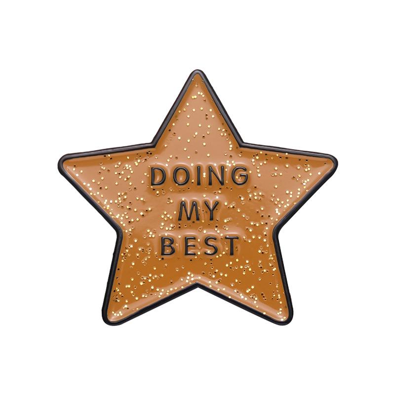 Inspirational Star-Shaped Metal Brooch with DING MY BEST Lettering