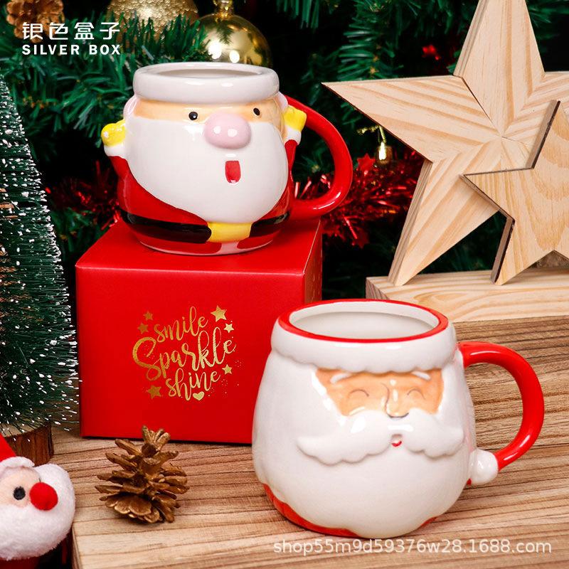Latest Popular Santa Claus Cup Ceramic Cup Gift Box with Cartoon 3D Hand Drawn Gift Creative Mug Christmas Holiday Gift