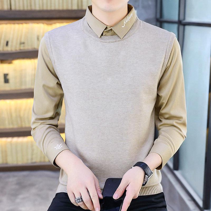 

Men s Korean Style Slim Fit Solid Color Fake Two-Piece Knit Sweater with Shirt Collar 3XL