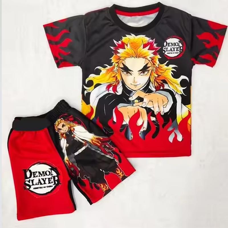 Demon Slayer Kyojuro Rengoku Flame Hashira 2-Piece Set Short Sleeve T-shirt and Matching Shorts Anime Print Casual Loungewear