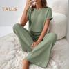 Women's Two Piece Knit Set Short Sleeve Sweater Top Wide Leg Pants Lounge Sets Ribbed Knitted Casual Outfit for Spring Autumn