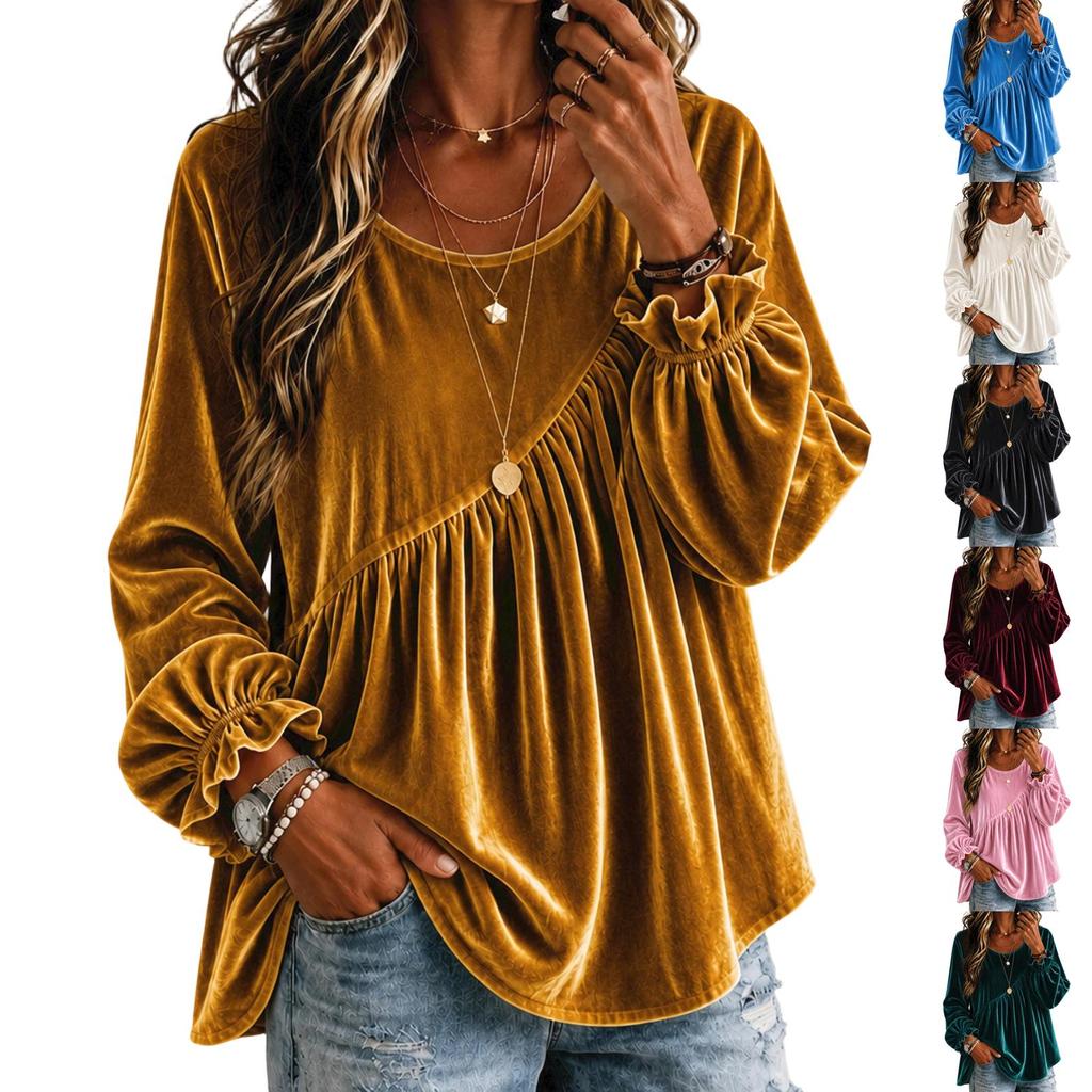Women's Color Bell Sleeve Top with Round Neck and Long Sleeve