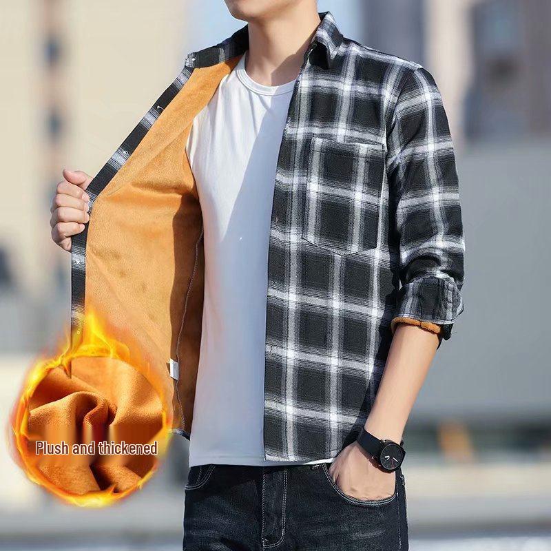 

Мужская плюшевая утолщенная клетчатая рубашка с длинным рукавом - Корейский зимний стиль X-Large
