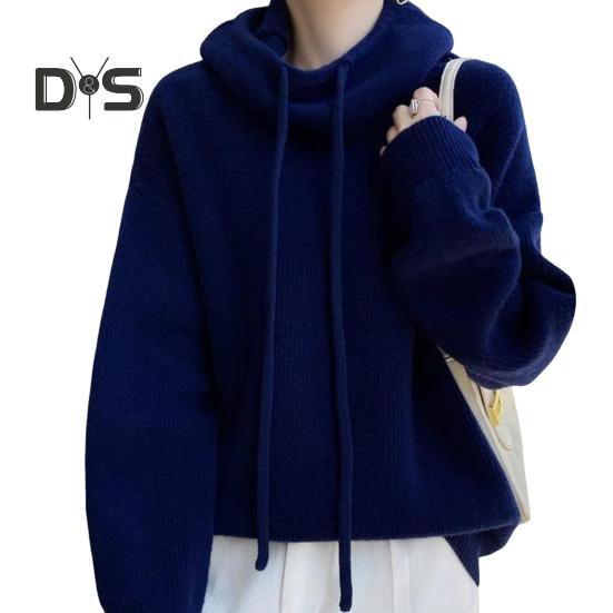 Damegenser Pelskrave Snøring Hette Langermet Strikketopper Ensfarget Casual Løs Passform Strikkeplagg