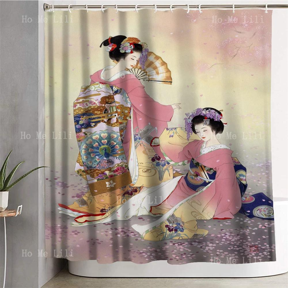 Japanese Traditional Funny Cherry Blossoms Beautiful Kimono Geisha Girl Design Fabric Bathroom Shower Curtain Home Decor