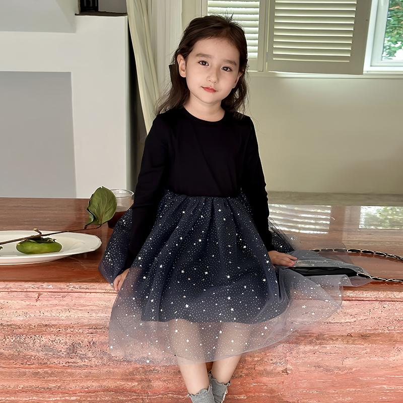 Children's Dress Girls' Long Sleeved Fluffy Dress Splicing Gradient Starry Sky Gauze Dress