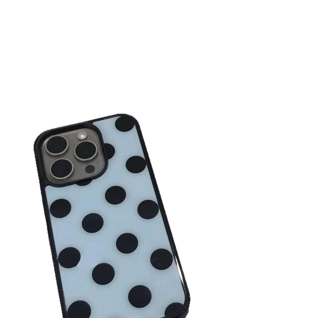 Korean Style Polka Dot iPhone 17 Case, Blue with Black Frame, Compatible with 16 Pro Max, 13, 11 