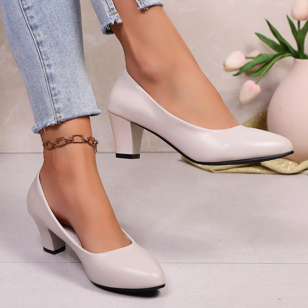Fashion Women Pumps Shoes PU Leather Shallow Slip-On Round Toe Chunky High Heels Shoes Spring Autumn Casual Solid Work Heels for Women