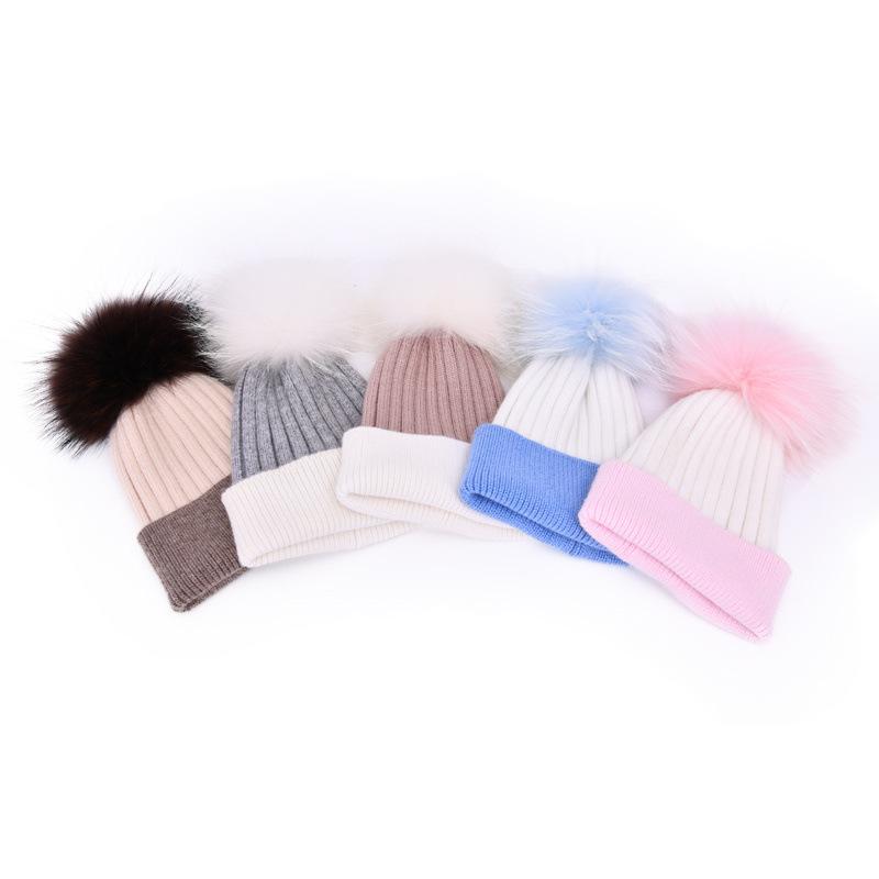 Children's rabbit velvet knitted hat double-match color soft cute outdoor wool hat warm real raccoon fur ball removable