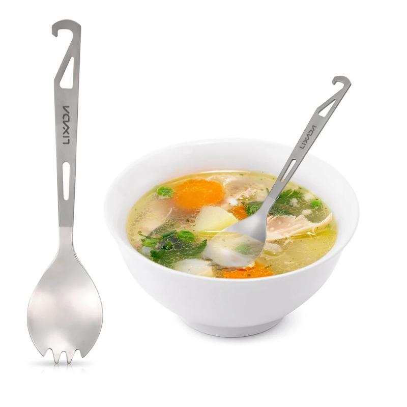 Lixada 2 In 1 Outdoor Titanium Spoon Camping Tableware Bottle Opener Picnic Dinner Titanium Spork Fork for Travel Backpacking