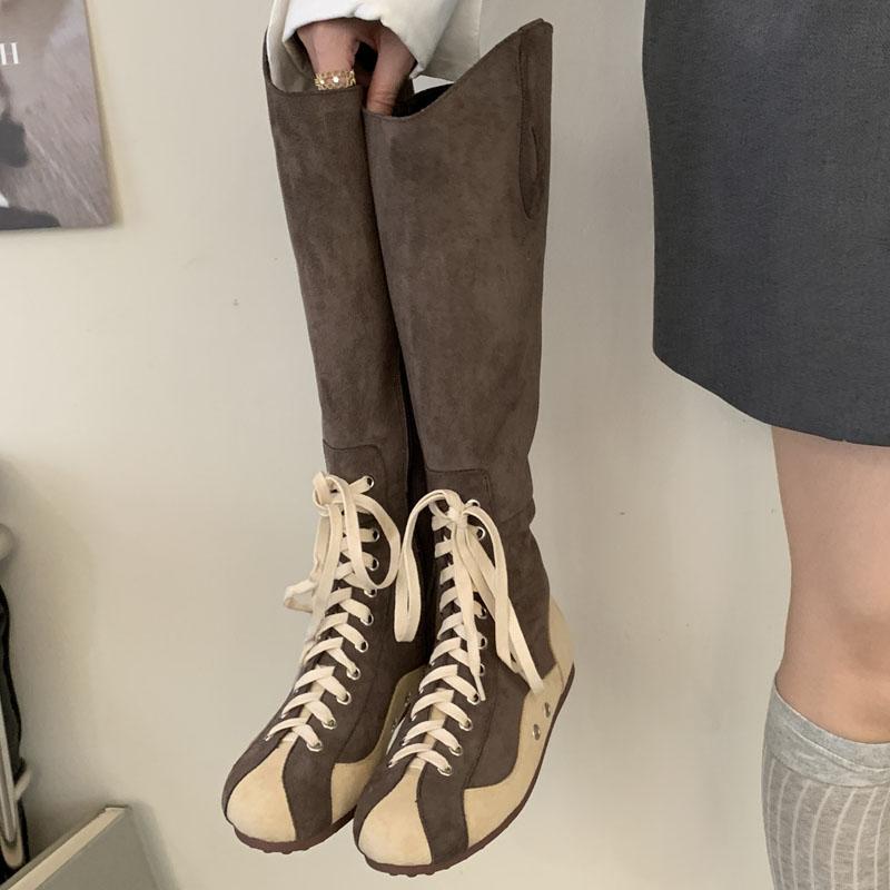 Fashion Eilyken Winter Designer Mixed Color Cross Lace-up Women Knee-High Boots Punk Style Round Toe Zipper Flat Heels Shoes