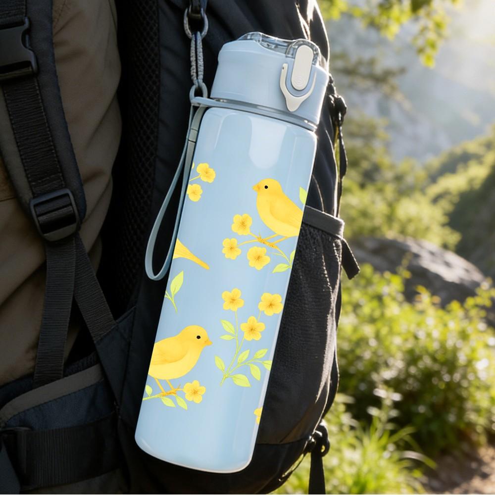 1PC Yellow Bird Floral Branch Print 750ml Color Plastic Sports Water Bottle Leakproof Flip Straw Lid Suitable for Sports Office Home Use