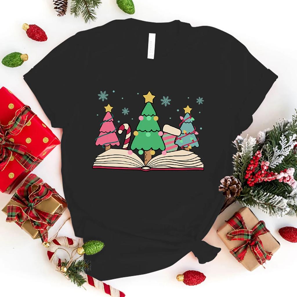 New Christmas Books Graphic Print T-Shirt Women Fashion Round Neck Loose Tee Shirt Streetwear Casualharajuku T-Shirt