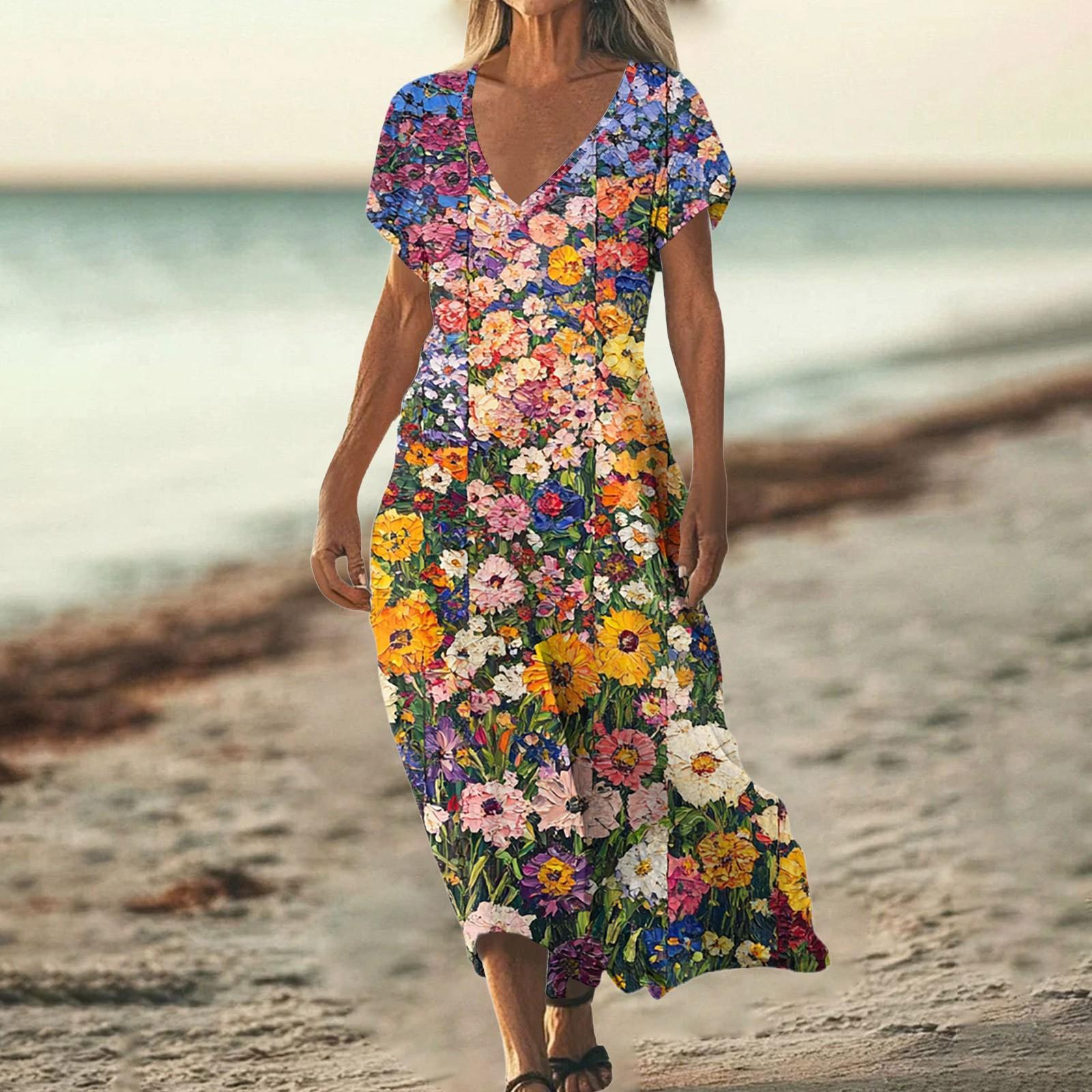 

Модное женское летнее пляжное платье с V-образным вырезом и коротким рукавом из хлопка и льна с винтажным цветочным принтом S красный