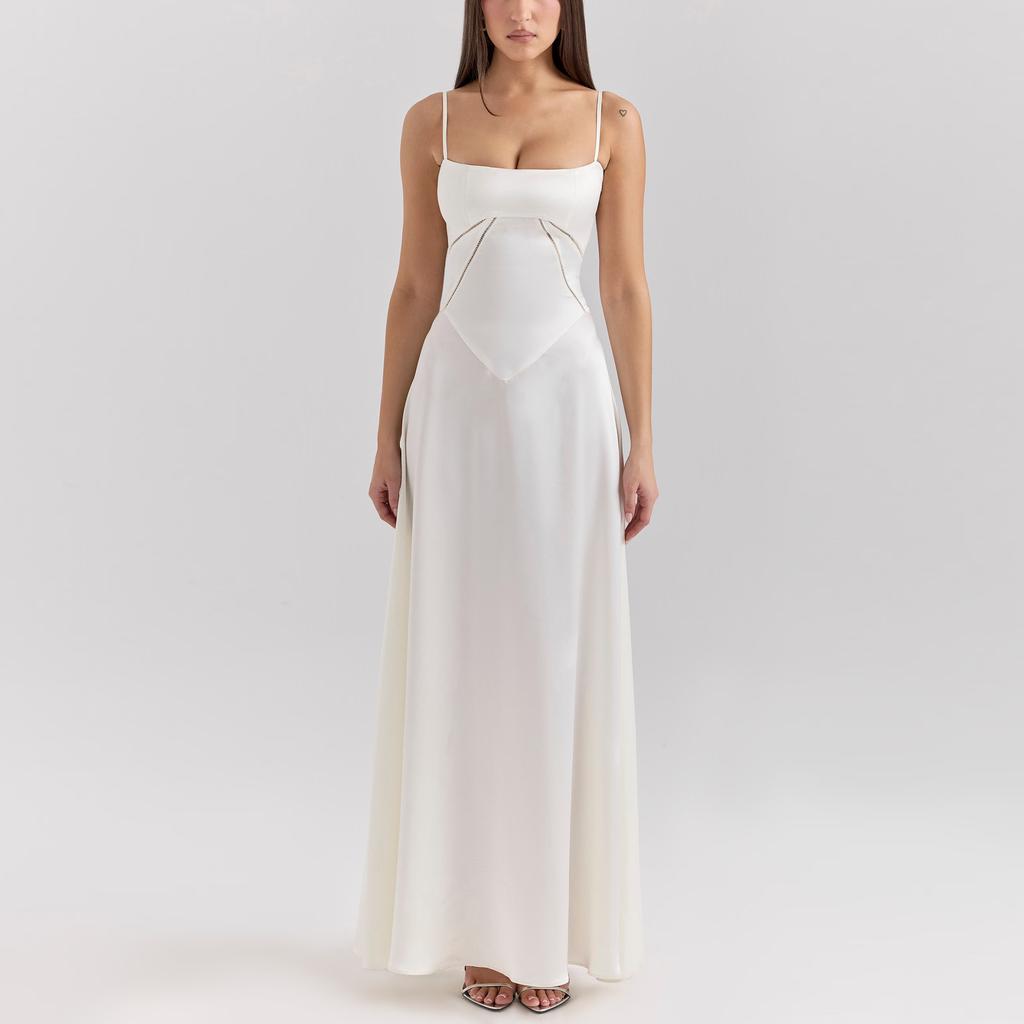 Summer new matte satin temperament suspender dress, European and American sexy backless strap long dress dress