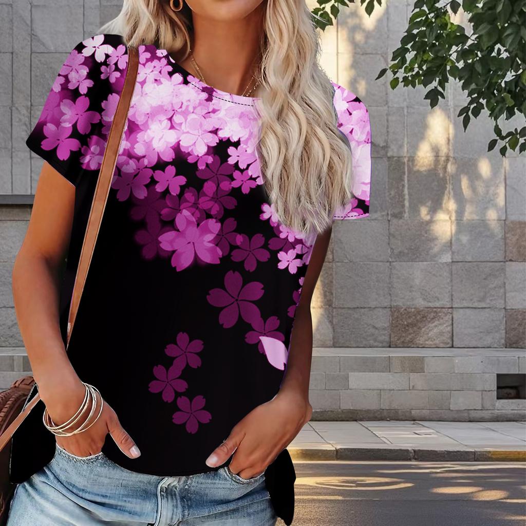 Women Summer T Shirt Cherry Blossom Print Retro Fashion Short Sleeve Tees Casual   Printed  Tops