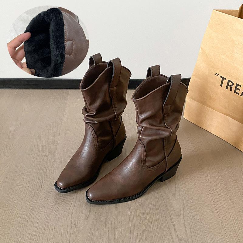 [Seasonal Clearance] Western Cowboy Boots Pointed Head Medium Tube Coarse Heel Knight Boots Sleeves High Heel Pile Short Boots Children