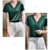 Women Summer Top V-neck Solid Color Soft Comfortable Short Sleeves Daily Wear Pullover OL Commute Satin Women T-shirt Female Clothes