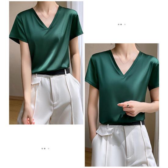 Women Summer Top V-neck Solid Color Soft Comfortable Short Sleeves Daily Wear Pullover OL Commute Satin Women T-shirt Female Clothes