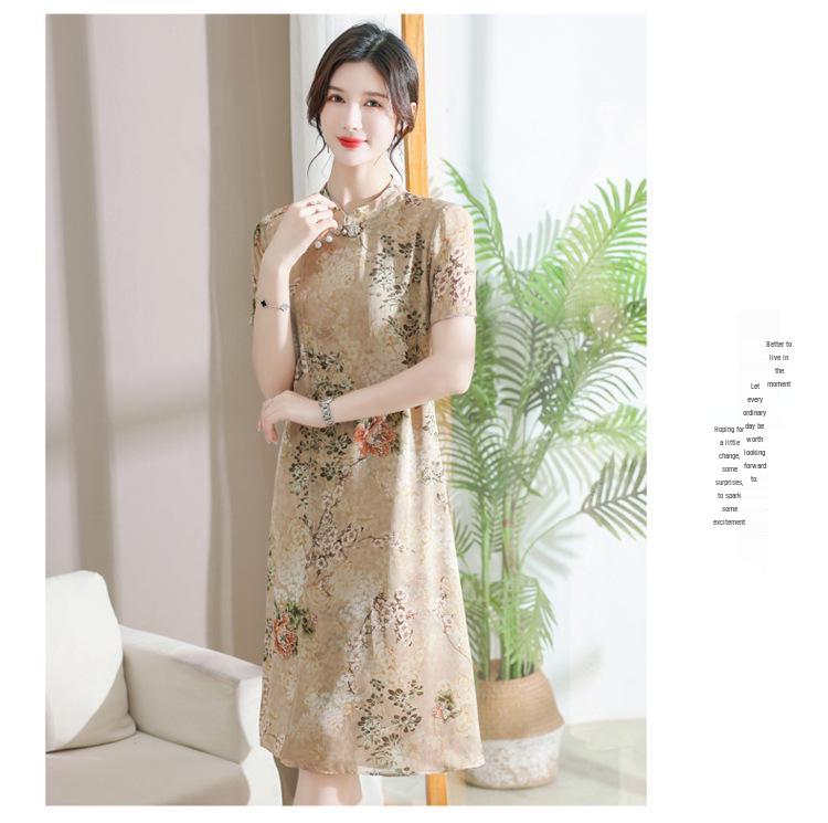 Printed Chiffon Cheongsam Dress - Women's Summer Mom Outfit, Mid-Length Temperament Style.